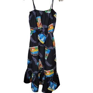 Hilo Hattie's Hawaiian Midi Flared Dress Sunset Adjustable Straps Black Large